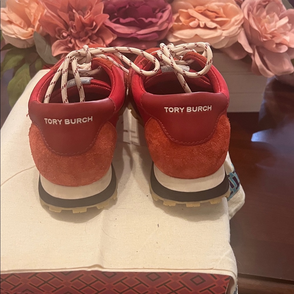 Tory Burch Women's Vintage Nylon Runner sneaker in red suede and nylon. - Picture 4 of 9